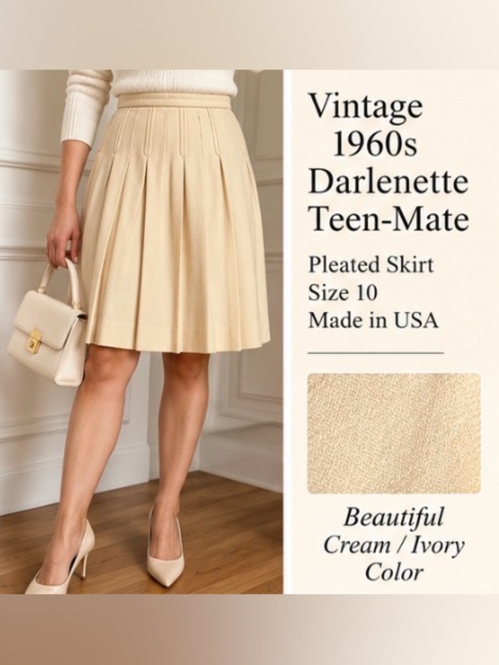 Vintage 1960s Darlenette Teen-Mate Pleated Wool Skirt Sz 10 Ivory Made USA